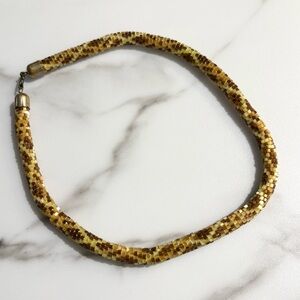 Vintage Artisan Crochet Rope Beaded Statement Bib Snake Print Necklace